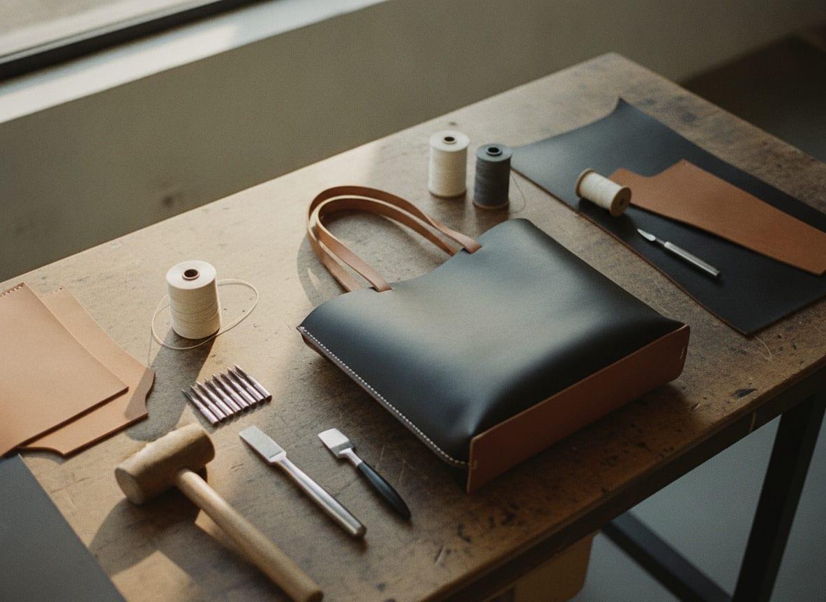 A workbench with leather panels, thread and hand tools