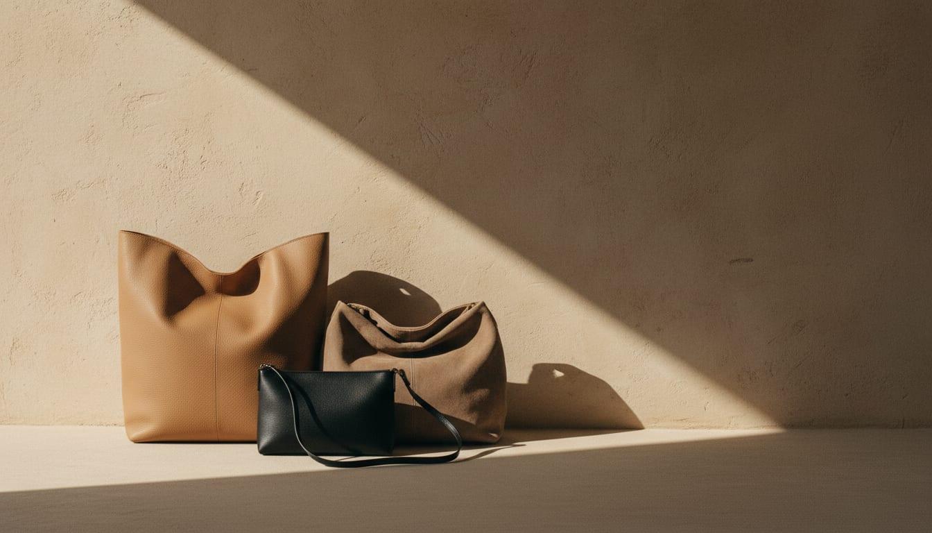 Three bags arranged against a plaster wall
